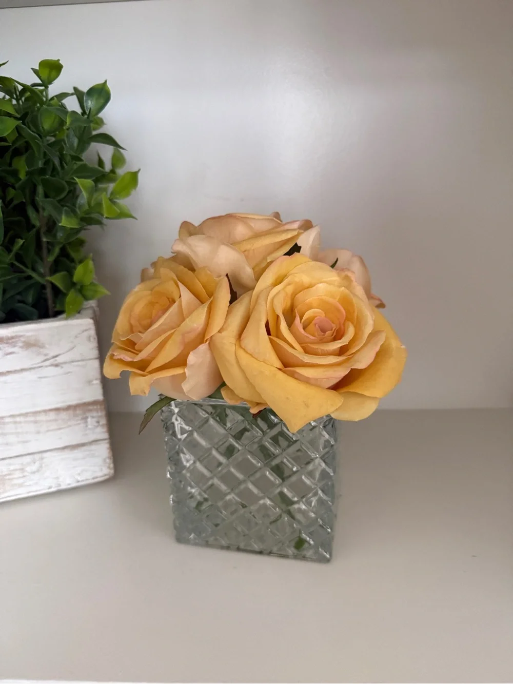Ella Lux Real Touch Yellow Rose Floral Arrangement Glass Cube Vase Faux Flowers